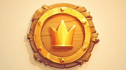 Poster - UI game icon with gold circle avatar badge for medieval interface. Raised rank border with crown for ancient interface. Achievement round asset made of stone or wood. RPG ancient progress or medal