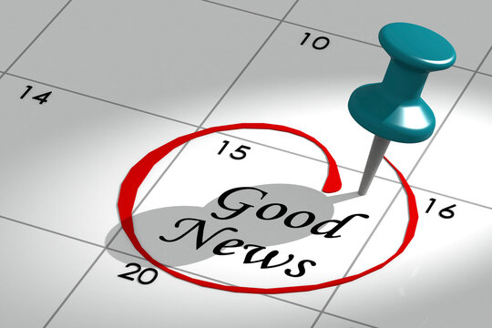 Good news word marked on calendar with push pin