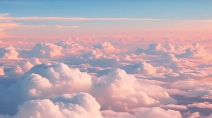 Wall Mural - Beautiful aerial view above clouds at sunset. Flying above clouds