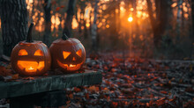 The Spooky Forest Sunset Casts Long Shadows, While The Evil, Glowing Eyes Of Jack O' Lanterns On The Left Of A Wooden Bench Add To The Terror Of This Halloween Night