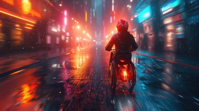 Futuristic Woman in Wheelchair Defies Limitations Racing Through Surreal Cityscape