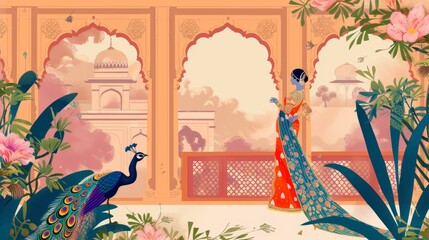 Mughal woman with arch, palace, peacock and wallpaper illustration frame with traditional ethnic Mughal garden