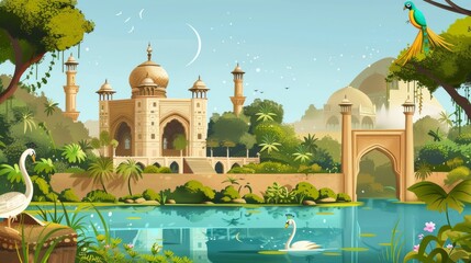 Wall Mural - Iconographic representation of a Mughal garden with a lake, an arch, a peacock, a swan, a parrot, and a palace and temple around it