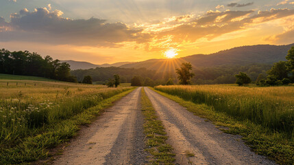 golden hour country road. dirt road leading through a field towards the sunset over the mountains, p