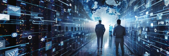 Poster - Multi-screen Collage in Data Center: Diverse Team of IT Specialists, Technicians, Engineers, Administrators Monitoring, Tuning Servers, Managing Cloud Services, Optimizing Networks