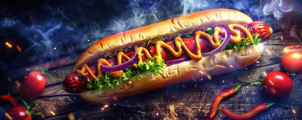 Wall Mural - Delicious gourmet hot dog with mustard and fresh vegetables, served on a wooden board under dramatic lighting.