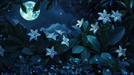 Wall Mural - a composition featuring a night full moon bright effect on beautiful white flowers that bloom in moon light 