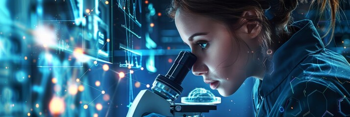 Canvas Print - An advanced pharmaceutical lab has a Caucasian female scientist looking through a microscope to analyze a petri dish sample. The researchers are working on medicine, biotechnology, and organic