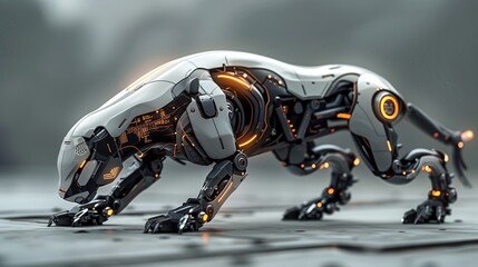 Canvas Print - A futuristic robotic bobcat , sleek and agile, with metallic limbs and glowing circuitry, designed for high-speed traversal across varied terrain, embodying grace, speed, and technological prowess