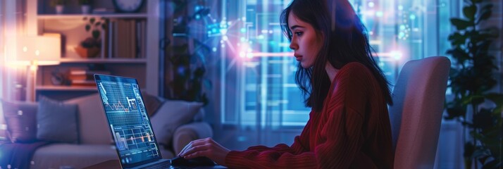 Poster - She's using a laptop computer at home as she browses the Internet and searches for videos on social networks. She's having fun at home.