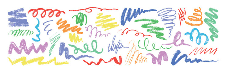 Vector set of hand drawn doodle colorful charcoal pencil squiggles and various lines. Color kid chalk scribbles, strokes, sketches, curly or zigzag line. Grunge pen crayon rough swirls or thin scrawls