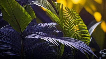 closeup of Rich dark green tropical leaves on yellow background.