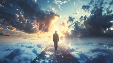 man walking on road above clouds towards light. rear view of man on road above the clouds walking to