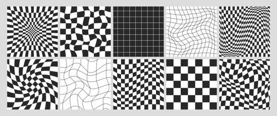 Wall Mural - Square psychedelic checkerboard with warped black and white grid tile. Checkered seamless geometric pattern in retro y2k style. Distorted chessboard background with distortion effect, optical illusion