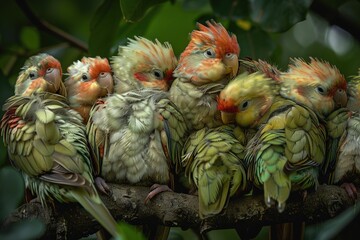 Poster - A group of birds huddled together in the shade of a tree panting and looking exhausted. Their feathers are ruffled and drooping in the heat and their normally vibrant colors