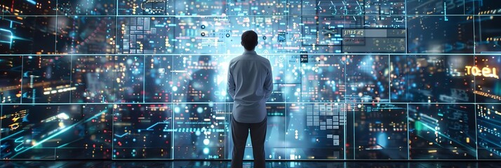 Wall Mural - Backview of the computer scientist and engineer creating a neural network. In office displays show 3D simulations of big data, machine learning processes, and web3 programming concepts.