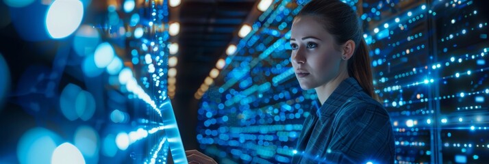 Poster - At her evening office, a successful female CEO utilizes a laptop computer to optimize her server farm cloud computing facility. Cybersecurity and network protection concept.