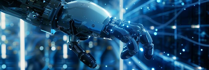 Poster - The Robotics Industry Four Engineering Facility. A robot arm moving in different directions using modern technology. Mass production automation. Close-up.