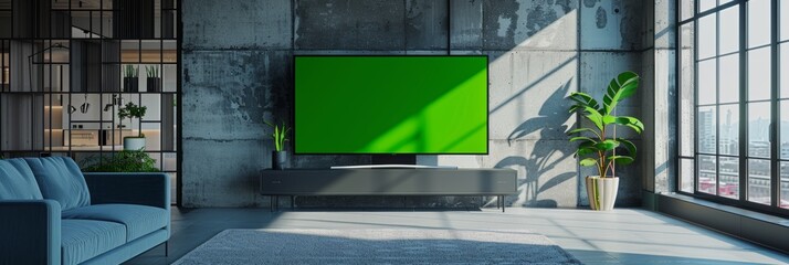 Wall Mural - The interior design of a loft apartment shows a TV with a green screen mock up display sitting on the television stand. The empty living room of a spacious apartment has a Chroma Key Placeholder on