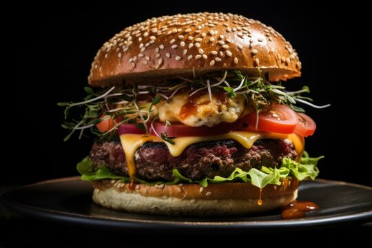 Close-up of a juicy cheeseburger with lettuce, tomato, and sauce on a dark background