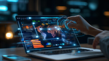 Poster - digital business management system virtual display over a laptop in modern office, futuristic software technology, internet data connectivity 
