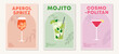 © Seanprai - Set of posters with cocktails. Aperitif recipe. Alcoholic drinks in glasses for summer season. Mojito, Aperol Spritz and Cosmopolitan. Flat illustration