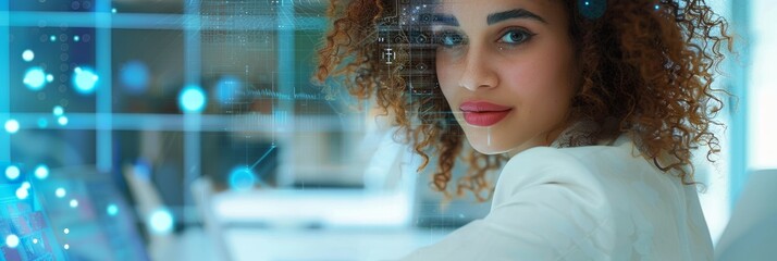 Poster - An attractive female manager with long curly hair using a laptop computer in a marketing agency, seated at a desk in an office in a creative space. Middle Eastern Manager Sitting at a Desk at a