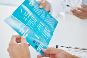 Poster - Medical, brochure and hands of doctor with patient in hospital for consulting, health information or virus. Safety, pandemic and GP with advice for disease, protection or covid vaccination in clinic