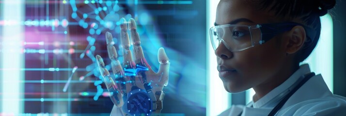 Poster - Photograph of a young woman scientist assembling an innovative bionic prosthetic hand in a technological research and development company. She works on technologies that benefit the physically