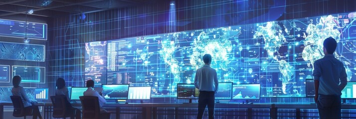 Poster - An ethnically diverse team of data scientists analyzes information and graphs on a big digital screen in a modern monitoring office. Multiethnic staff work on desktop computers in a consulting firm.