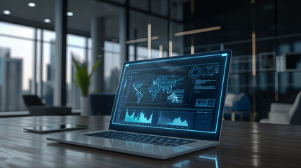 Poster - digital business management system virtual display over a laptop in modern office, futuristic software technology, internet data connectivity 