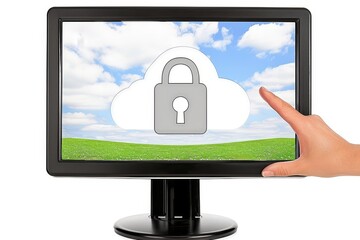 Wall Mural - Hand pointing at a cloud padlock on a monitor, symbolizing secure data storage and advanced cybersecurity measures.