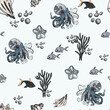 © Anastasiia - Marine pattern. Fish, anchor, octopuses, sharks, whales. Vector seamless pattern with decorative sea elements. Vintage background