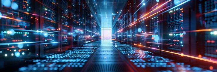 Poster - Server Racks in Dark Room with VFX. Concept of Internet of Things, Data Flow, Digitalization of Internet Traffic. Warehouse with Electric Equipment.