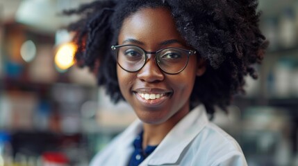 Poster - Young Black Female Engineer with Lab Coat and Glasses Smiling as sheWorks as an Engineer, Developing High Technology Projects.