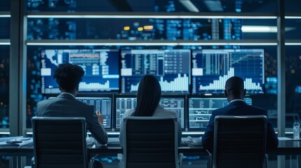 Poster - Wide Zoom Out Back Shot Of Male And Female Risk Managers Analyzing Data On Digital Screen In Monitoring Room. Multiethnic Employees Working On Computers For Successful Consulting Firm.