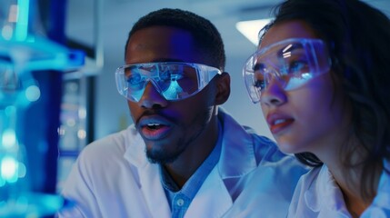 Poster - two female and male students using safety goggles and white coats in science class, collaborating on