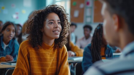 Poster - An older female teacher gives a lecture during an adult education class in school, having a conversation with a handsome African man. Diverse mature students do exercises from textbooks.