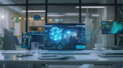 Poster - digital business management system virtual display over a laptop in modern office, futuristic software technology, internet data connectivity 