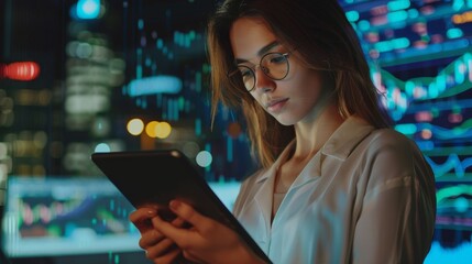 Poster - In the office of a professional investment banker, a young woman with a tablet computer researches real-time stock data, analyzes commodities and charts.