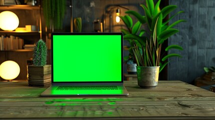 Poster - A green screen laptop computer sits on a wooden desk with a height-adjustable feature, next to a chroma key display in an empty space for a game development startup.