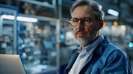 Poster - Picture of a handsome middle-aged engineer using a laptop computer and looking around a factory producing modern electronic components for a variety of industries