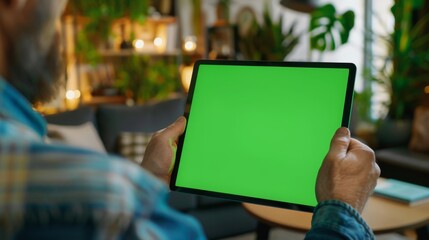 Poster - In the background, a cosy living room is featured. A man holds and watches a green mock-up screen digital tablet computer while seated at the desk. A man watches videos or browses the internet while