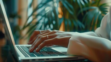 Poster - In her office, a businesswoman types on a laptop.