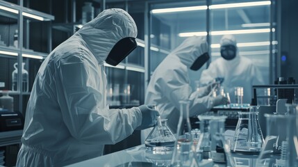 Poster - researchers in a high-level laboratory are working in a secure environment. chemists adjust samples 