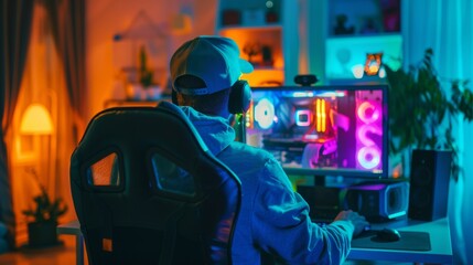 Poster - A professional gamer plays an online first-person shooter game on his computer with colorful neon lights. This young man sports a cap. A cozy evening at home.