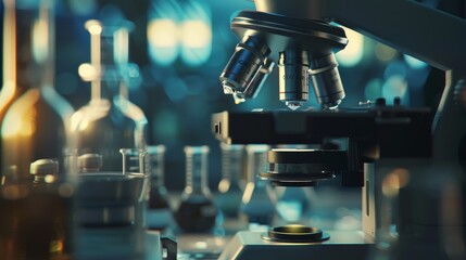 Poster - an image of test tubes with a scientific microscope in a high-tech genetics lab.