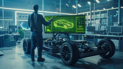 Poster - Working on a computer with a mock up of a green screen, the engineer tests the electric vehicle chassis prototype in a high-tech development laboratory with wheels, batteries and an engine.