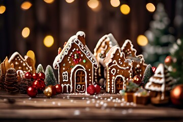 Wall Mural - Christmas gingerbread houses on wooden table with bokeh background.