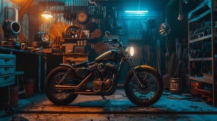 authentic creative workshop with vintage style motorbike under warm lamp light. bobber motorcycle st